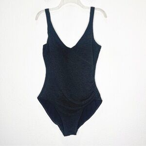 Miraclesuit Textured Ruched V Neck One Piece Swimsuit 14 Black